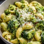 Plate of easy healthy broccoli pasta with garlic and olive oil garnish