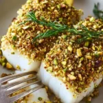 Plate of easy pistachio crusted halibut garnished with herbs and lemon