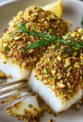 Plate of easy pistachio crusted halibut garnished with herbs and lemon