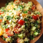 Delicious and colorful easy quinoa salad with fresh vegetables and dressing