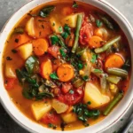 Bowl of easy vegetable soup with fresh vegetables and herbs