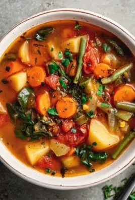 Bowl of easy vegetable soup with fresh vegetables and herbs