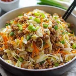Healthy Egg Roll in a Bowl with fresh vegetables and savory sauce