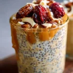 Bowl of Filling Date Overnight Oats topped with chia seeds and fresh fruits