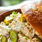 Flavored Dill Pickle Chicken Salad served in a bowl with fresh ingredients