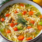Bowl of Greek lemon chicken soup garnished with fresh herbs