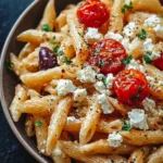 Plate of Greek pasta with feta cheese and fresh herbs