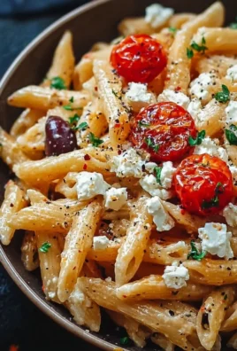 Plate of Greek pasta with feta cheese and fresh herbs