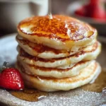 Fluffy Greek Yogurt Pancakes stacked on a plate with syrup and berries.