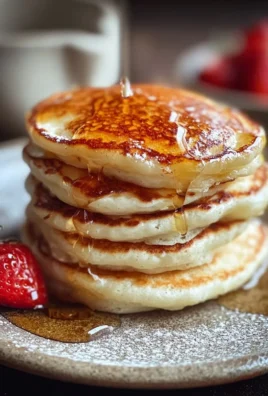 Fluffy Greek Yogurt Pancakes stacked on a plate with syrup and berries.