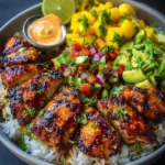 Grilled Maple Sriracha Chicken Bites served with coconut rice and mango avocado salsa
