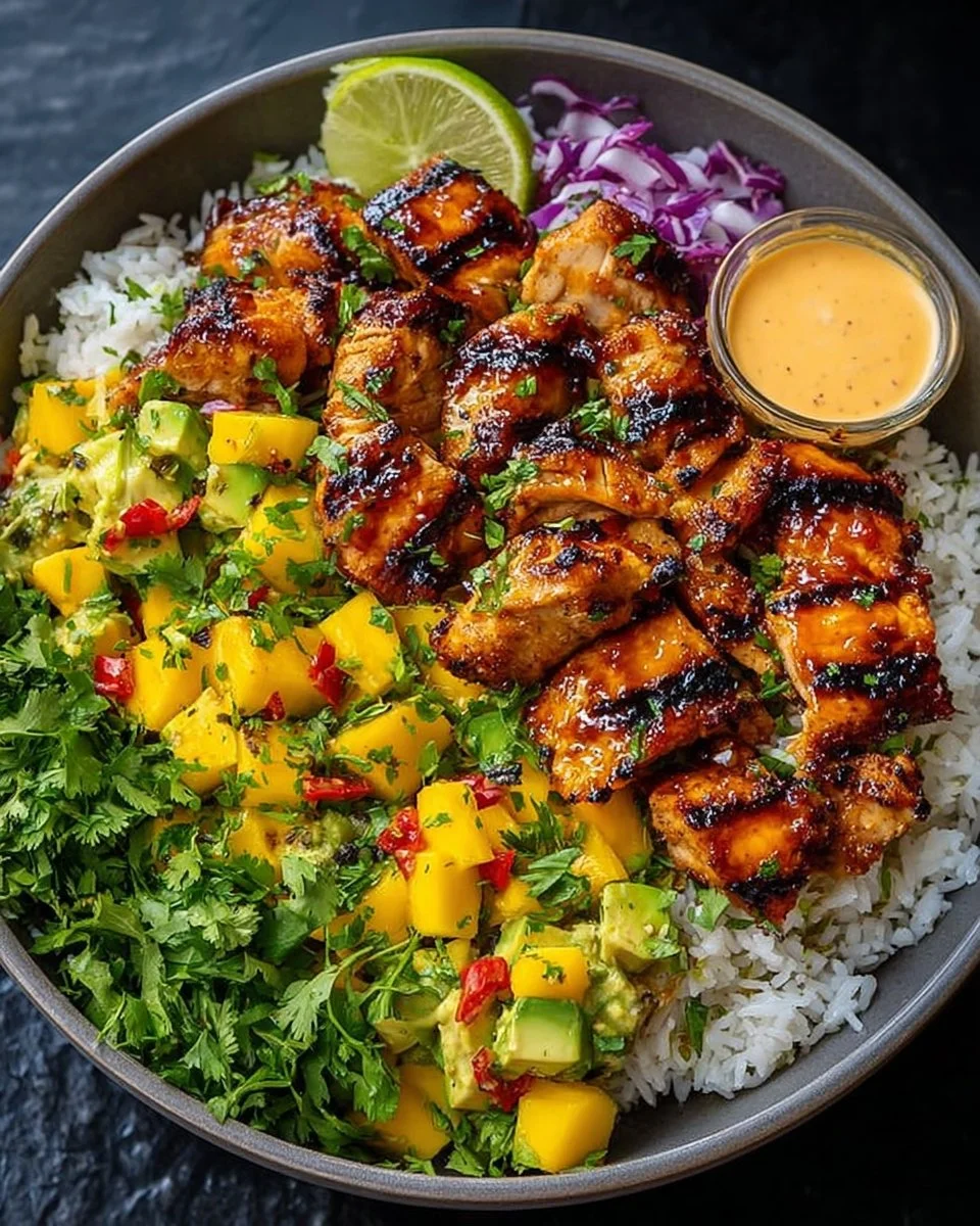 Grilled Maple Sriracha Chicken Bites with Coconut Rice & Mango Avocado Salsa Bowl with Chili Mayo