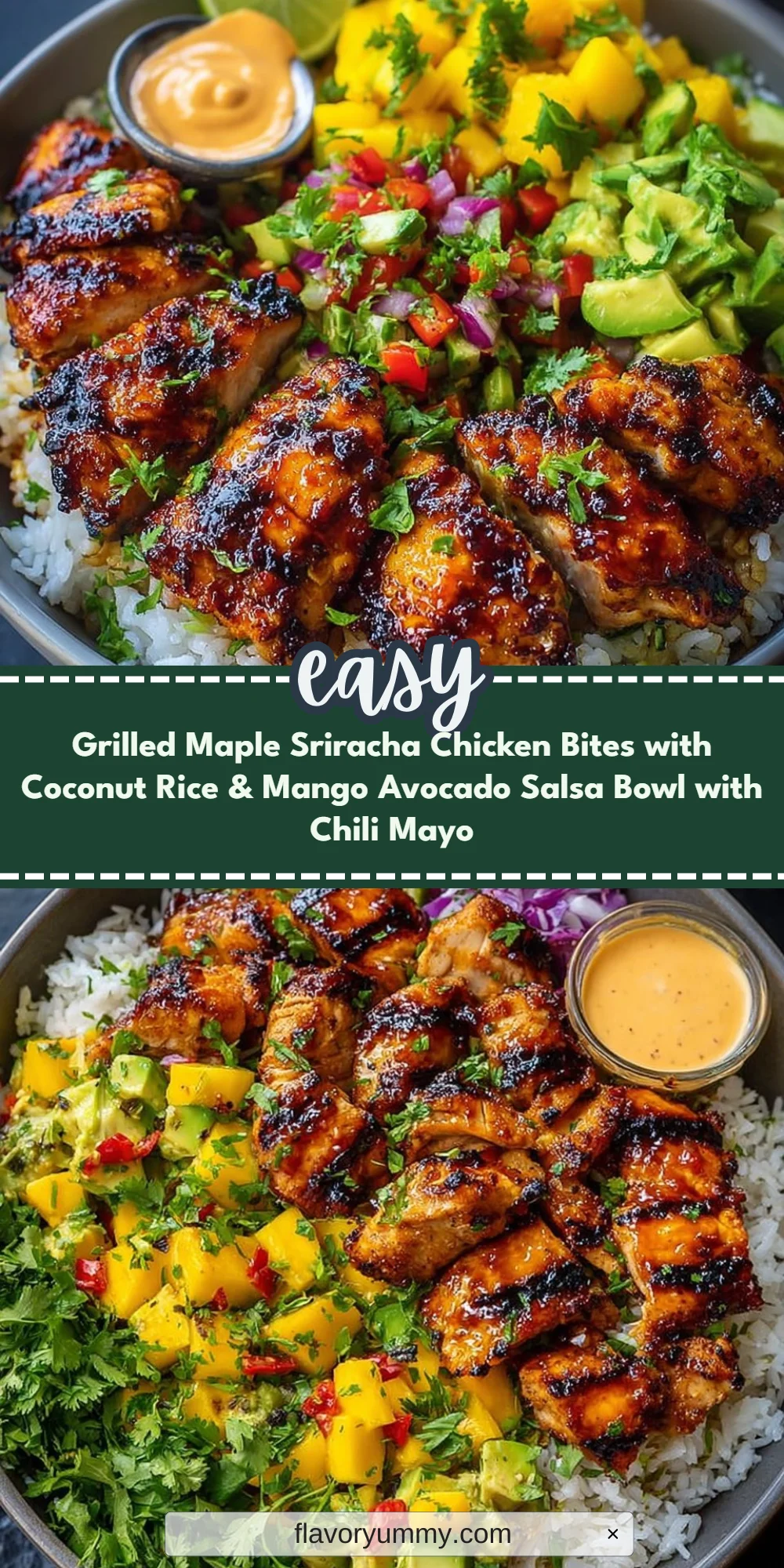 Grilled Maple Sriracha Chicken Bites with Coconut Rice & Mango Avocado Salsa Bowl with Chili Mayo