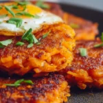 Healthy sweet potato hash browns served with fresh herbs and spices