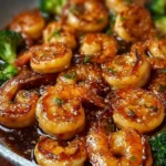 High-protein honey garlic shrimp served on a plate with vegetables