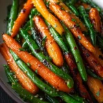 Honey glazed carrots and green beans served in a dish.