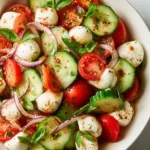 Juicy Cucumber Caprese Salad with fresh ingredients on a plate