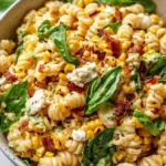 Juicy street corn pasta salad with fresh ingredients and vibrant colors