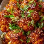 Korean Baked Cauliflower garnished with sesame seeds and green onions