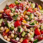 Bowl of Lemony Greek Bean Salad with fresh vegetables and herbs