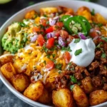 Delicious Loaded Potato Taco Bowl topped with fresh ingredients