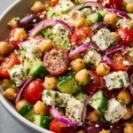 Mediterranean Chickpea Feta Salad with colorful vegetables and herbs