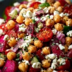 Colorful Mediterranean Chickpea Salad with fresh veggies and herbs.