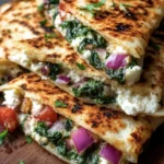 Mediterranean Quesadillas with spinach, feta, mozzarella, and red onion on a plate