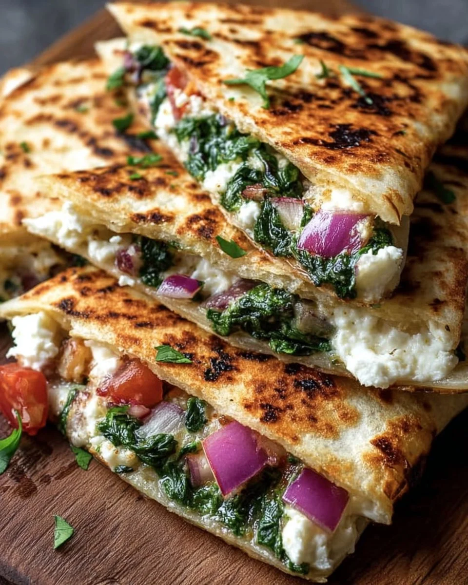 Mediterranean Quesadillas with Spinach, Feta, Mozzarella, and Red Onion