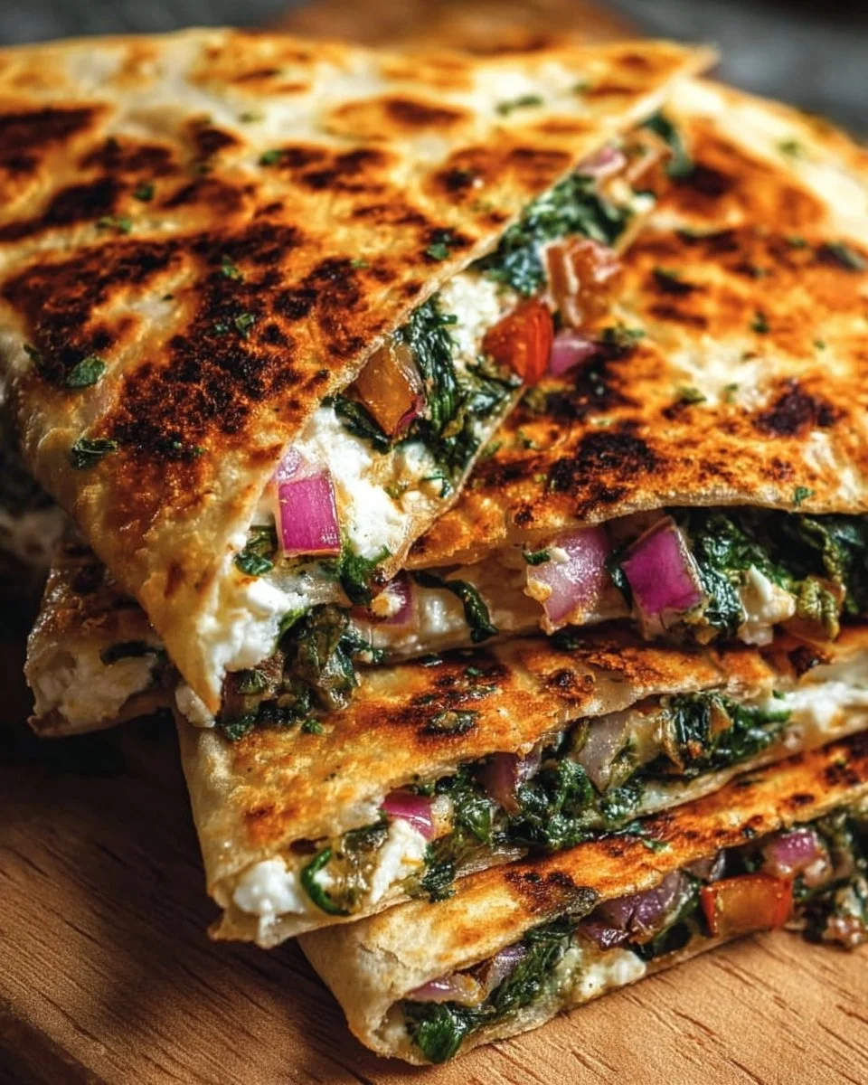 Mediterranean Quesadillas with Spinach, Feta, Mozzarella, and Red Onion