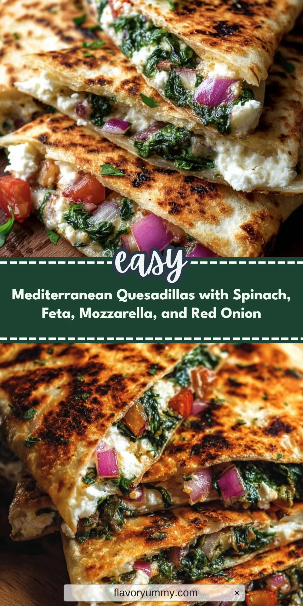 Mediterranean Quesadillas with Spinach, Feta, Mozzarella, and Red Onion