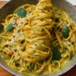 One pot creamy pesto pasta dish with fresh basil and cheese topping