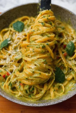 One pot creamy pesto pasta dish with fresh basil and cheese topping