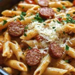 One-pot creamy spicy Cajun sausage pasta served in a bowl, garnished with herbs.