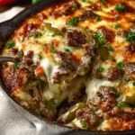 Delicious Philly Cheesesteak Skillet featuring meat, peppers, and cheese