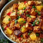 Pineapple chicken served with rice in a colorful plate