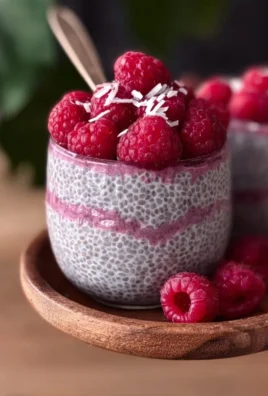 Delicious raspberry chia pudding in a clear glass topped with fresh raspberries