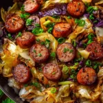 Sausage and cabbage stir fry served in a bowl with colorful vegetables