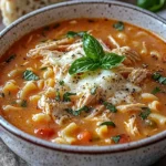 A bowl of delicious slow-cooked chicken parmesan soup garnished with parmesan cheese and herbs.