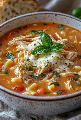 A bowl of delicious slow-cooked chicken parmesan soup garnished with parmesan cheese and herbs.