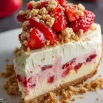 Delicious strawberry crunch cheesecake topped with fresh strawberries and crunchy layers.