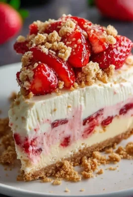 Delicious strawberry crunch cheesecake topped with fresh strawberries and crunchy layers.