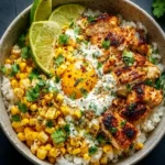 Delicious Street Corn Chicken Rice Bowl with toppings and cilantro