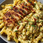 Creamy garlic parmesan chicken pasta dish with fresh herbs