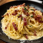 Plate of creamy spaghetti carbonara topped with grated cheese and parsley