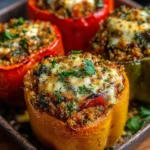 Vegetarian stuffed bell peppers filled with rice, beans, and vegetables