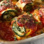 Delicious Zucchini Rollatini served with marinara sauce and cheese