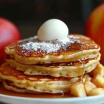 Fluffy apple yogurt pancakes served on a plate with maple syrup and fresh slices.