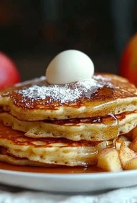 Fluffy apple yogurt pancakes served on a plate with maple syrup and fresh slices.
