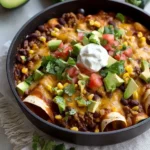 Delicious beef enchiladas served in a skillet with cheese and toppings
